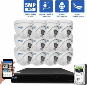 GW Security 16 Channel 4K DVR 5MP CCTV AI Surveillance System with 12 x 5MP HD 1920p AI Face/Human/Vehicle Detection Waterproof Microphone Turret Security Cameras, 4TB Hard Drive