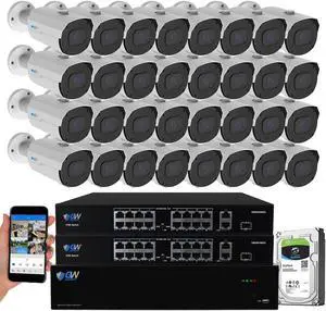GW Security 32 Channel 8MP UltraHD 4K (3840x2160) Audio & Video Motorized Zoom Smart AI Home NVR Security System - 32 x Bullet 8 Megapixel 2.8-12mm 4X Optical Zoom Waterproof Microphone IP PoE Cameras