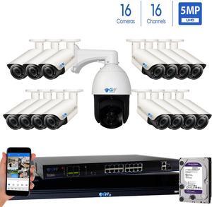 GW Security 16 Channel HD 1920p H.265 Security System with 8TB HDD, (15)* PoE 5MP HD 1920p 2.8-12mm Varifocal Weather Proof IP Cameras, and (1)* 20x Zoom 5MP HD 1920p IP PTZ (Pan-Tilt-Zoom) Camera