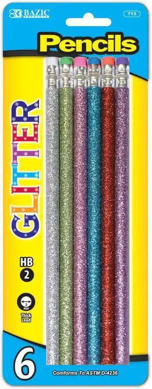 BAZIC HB2 Glitter Wood Pencil w/ Eraser 6/Pack