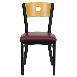 HERCULES Series Black Circle Back Metal Restaurant Chair - Natural Wood Back, Burgundy Vinyl Seat HERCULES Series Black Circle Back Metal Restaurant Chair - Natural Wood Back, Burgundy Vinyl Seat