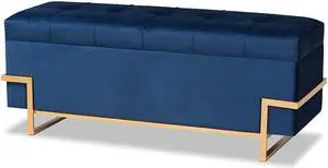 Baxton Studio Parker Glam and Luxe Navy Blue Velvet Upholstered and Gold Metal Finished Storage Ottoman