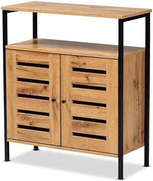 Baxton Studio Vander Modern and Contemporary Oak Brown Finished Wood and Black Metal 2-Door Shoe Cabinet