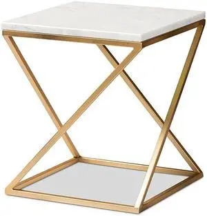 Baxton Studio Hadley Modern and Contemporary Gold Finished Metal End Table with Marble Tabletop