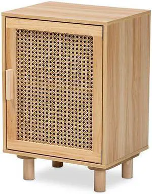 Baxton Studio Maclean Mid-Century Modern Rattan and Natural Brown Finished Wood 1-Door Nightstand