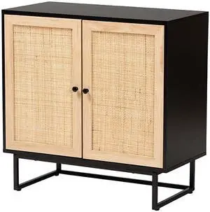Baxton Studio Declan Mid-Century Modern Espresso Brown Finished Wood and Natural Rattan 2-Door Storage Cabinet