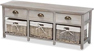 Baxton Studio Mabyn Modern and Contemporary Light Grey Finished Wood 3-Drawer Storage Bench with Baskets