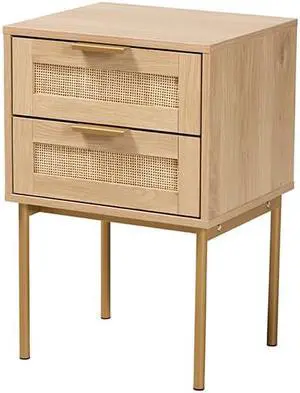 Baxton Studio Dewitt Japandi Light Brown Finished Wood and Gold Metal 2-Drawer End Table