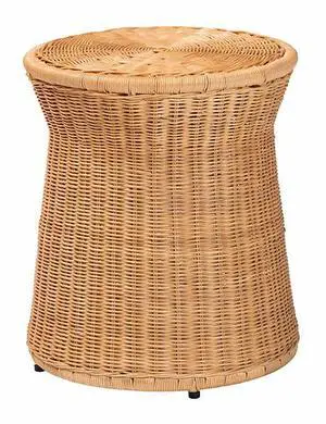 bali & pari Caroline Round Natural Rattan End Table  Handwoven Wicker Drum Shape Accent Table for Living Room or Sunroom, Light Honey
