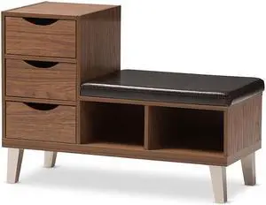 Baxton Studio Arielle Modern and Contemporary Walnut Brown Wood 3-Drawer Shoe Storage Padded Leatherette Seating Bench with Two Open Shelves