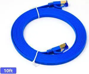 QualGear RJ45 Cat 7 Ethernet Patch Cable, 10Gpbs High-Speed Cable, 600MHz, Triple-Shielded, 10 ft, Blue, Flat