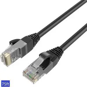 QualGear RJ45 Cat 6 Ethernet Patch Cable, 1Gpbs High-Speed Cable, 250MHz, Gold Plated Contacts, 75 ft, Black
