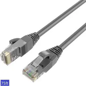 QualGear RJ45 Cat 6 Ethernet Patch Cable, 1Gpbs High-Speed Cable, 250MHz, Gold Plated Contacts, 75 ft, Gray
