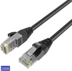 QualGear RJ45 Cat 6 Ethernet Patch Cable, 1Gpbs High-Speed Cable, 250MHz, Gold Plated Contacts, 200 ft, Black