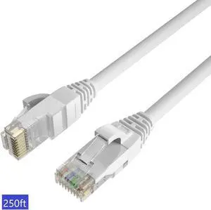QualGear RJ45 Cat 6 Ethernet Patch Cable, 1Gpbs High-Speed Cable, 250MHz, Gold Plated Contacts, 250 ft, White