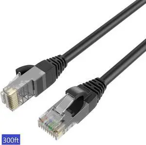 QualGear RJ45 Cat 6 Ethernet Patch Cable, 1Gpbs High-Speed Cable, 250MHz, Gold Plated Contacts, 300 ft, Black