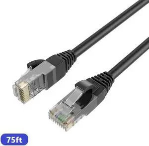 QualGear RJ45 Cat 6 Outdoor Ethernet Patch Cable, 1Gpbs High-Speed Cable, 250MHz, Gold Plated Contacts, 75 ft, Black, Outdoor