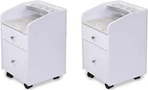 Set of 2 MAYAKOBA Sonoma Rolling Pedicure Trolley Manicure Storage Cart for Pedicure Spa, Nail Salon Furniture & Equipment, Marble Top, Luxe White/Silver Accents