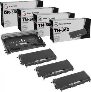 LD Products Compatible Toner Cartridge & Drum Unit Replacements for Brother TN360 High Yield & DR360 (3 Toners 1 Drum 4-Pack)