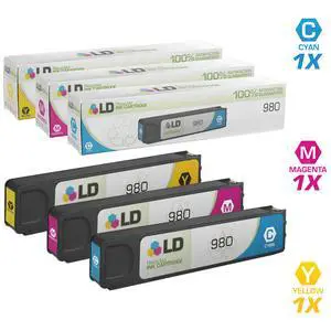 LD Remanufactured Replacement for Hewlett Packard 980 Set of 3 Ink Cartridges Includes: 1 Cyan D8J07A, 1 Magenta D8J08A, and 1 Yellow D8J09A LD Remanufactured Replacement for Hewlett Packard 980 Set of 3 Ink Cartridges Includes: 1 Cyan D8J07A, 1 Magenta D8J08A, and 1 Yellow D8J09A