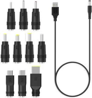 USB to DC Power Cable with 10pcs DC Barrel Jack Universal Laptop Power Adapter Tips USB 2.0 to DC 5.5x2.1mm Plug Charging Cord Kits Max 3A Compatible for Lenovo, Compatible for Asus and More