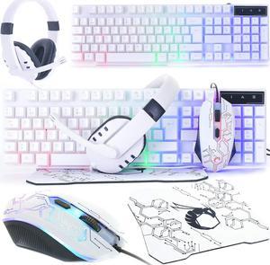 Gaming Keyboard and Mouse and Gaming Headset & Mouse Pad, Wired LED RGB Backlight Bundle for PC Gamers Users - 4 in 1 White E