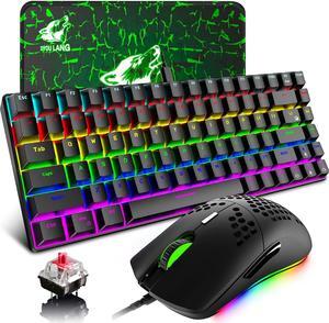 Gaming Keyboard and Mouse with Mechanical Red Switch Rainbow Backlit Wired Type-C 84 Keys Anti-ghosting,RGB 12000 DPI Lightweight Honeycomb Shell Gaming Mouse,Large Mouse Pad for PC Gamers(Black)