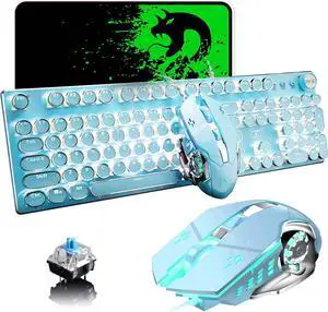 Gaming Keyboard and Mouse,Retro Steampunk Vintage Typewriter-Style Mechanical Keyboard with White LED Backlit,104-Key Anti-Ghosting Blue Switch Wired USB Metal Panel Round Keycaps(Blue)