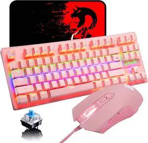 LexonElec Mechanical Gaming Keyboard Blue Switch Mini 82 Keys Wired Rainbow LED Backlit Keyboard,Lightweight Gaming Mouse 6400DPI Honeycomb Optical,Gaming Mouse Pad for Gamers and Typists(Pink)