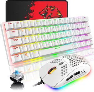 Wired Gaming Keyboard Mouse Combo Chroma RGB Backlit Mechanical Keyboard with 61 Keys Anti-ghosting Floating Keycaps Metal Plate Type-C RGB Gaming Mouse 6400 DPI for PC Gamers (Whtie/Blue Switch)