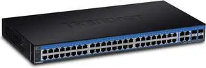 TRENDnet 52-Port Gigabit Web Smart Switch, 48 Gigabit RJ-45 Ports, 4 Shared Gigabit Ports (RJ-45 or SFP), VLAN, QoS, LACP, IPv6, Lifetime Protection, TEG-524WS,Black