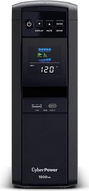 CyberPower CP1500PFCLCD PFC Sinewave UPS System, 1500VA/1000W, 12 Outlets, AVR, Mini Tower,Black