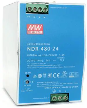 NDR-480-24 480W 20A 24VDC Single Output AC to DC DIN Rail Power Supply (NDR Series Economical Model EMC EN55022 Class B) NDR-480-24 480W 20A 24VDC Single Output AC to DC DIN Rail Power Supply (NDR Series Economical Model EMC EN55022 Class B)