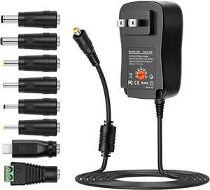 ZOZO 30W Universal AC Adapter with USB Port and 8 Tips, Adjustable Voltage 3V 4.5V 5V 6V 7.5V 9V 12V DC Power Supply for Household Electronics LED Strip Lights Phone Tablet Webcams Speakers USB Hubs