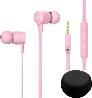 Joymiso Tangle Free Earbuds for Kids Women Small Ears with Case, Comfortable Lightweight in Ear Headphones, Flat Cable Ear Buds Wired Earphones with Mic and Volume Control for Cell Phone Laptop (Pink)
