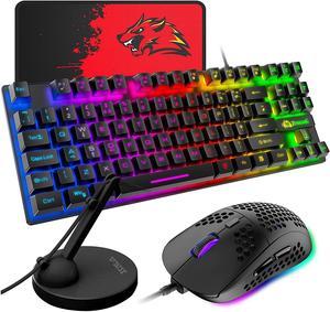 Gaming Keyboard and Mouse Combo,88 Keys Compact Rainbow Backlit Mechanical Feel Keyboard,RGB Lightweight Gaming Mouse ,Mouse Pad and Mouse Cable Holder for Windows PC Gamers (Black)