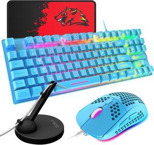 Gaming Keyboard and Mouse Combo,88 Keys Compact Rainbow Backlit Mechanical Feel Keyboard,RGB Lightweight Gaming Mouse ,Mouse Pad and Mouse Cable Holder for Windows PC Gamers (Blue)