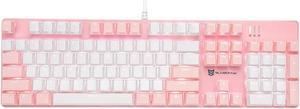 Qisan Mechanical Gaming Keyboard Full Size 104 Keys US Layout Wired Brown Switch Backlit Keyboard with with Pink & White Color