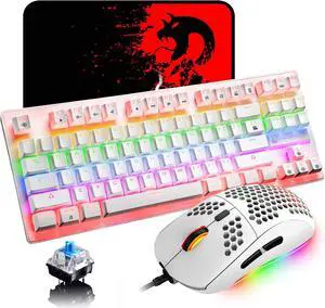 LexonElec K2 Mechanical Gaming Keyboard,Blue Switch Mini 82 Keys Wired Rainbow LED Backlit Keyboard,Lightweight Gaming Mouse 6400DPI Honeycomb Optical for MAC PC Gamers(White)