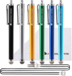 Micro-Knit Stylus Pen for Touchscreen  6-Pack Hybrid Fiber Tip Universal Capacitive Stylus Pen for iPad Lanyards & Cleaning Cloth - Silver/Aqua Blue/Green/Dark Blue/Yellow/Black