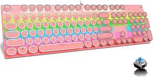 Gaming Keyboard,Pink Retro Punk Typewriter Style,Mechanical Keyboard 104 Keys Blue Switch with 9 True RGB Backlight Modes,Wired Cute Keyboard, Round Keycaps for Windows/Mac/PC