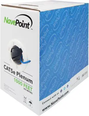 NavePoint Cat5e Plenum (CMP), 1000ft, Blue, Solid Bare Copper Bulk Ethernet Cable, 350MHz, 24AWG 4 Pair, Unshielded Twisted Pair (UTP)