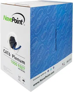 NavePoint Cat6 Plenum Jacket, 1000ft, Blue, Solid Bare Copper Bulk Ethernet Cable, 550MHz, 23AWG 4 Pair, Unshielded Twisted Pair (UTP)