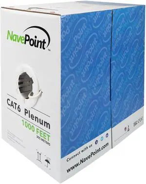 NavePoint Cat6 Plenum Jacket, 1000ft, White, Solid Bare Copper Bulk Ethernet Cable, 550MHz, 23AWG 4 Pair, Unshielded Twisted Pair (UTP)