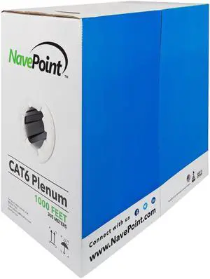 NavePoint Cat6 Plenum Jacket, 1000ft, White, CCA Bulk Ethernet Cable, 550MHz, 23AWG 4 Pair, Unshielded Twisted Pair (UTP)