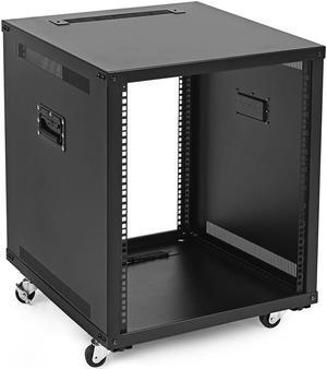 NavePoint 12U Portable Rolling Network Rack, Adjustable Depth 2.5 to 22.6 Inches, Top and Bottom Cable Management, Built-In Handles, Locking Swivel Caster Wheels, Audio Video, Telecom, Equipment Rack