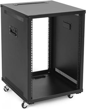 NavePoint 15U Portable Rolling Network Rack, Adjustable Depth 2.5 to 22.6 Inches, Top and Bottom Cable Management, Built-In Handles, Locking Swivel Caster Wheels, Audio Video, Telecom, Equipment Rack