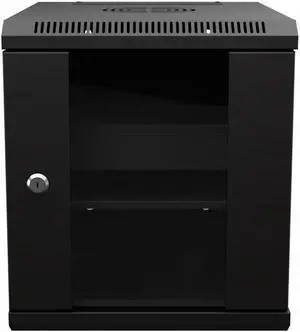 NavePoint 6U 10 Inch Network Server Cabinet, 15.75 inch Deep, Glass Door, Black, Wall Mountable, 2 x Shelves, 1 x Blank Panel