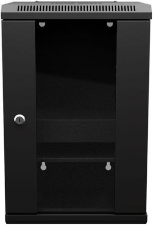 NavePoint 9U 10 Inch Network Server Cabinet, 11.8 inch Deep, Glass Door, Black, Wall Mountable, 2 x Shelves, 1 x Blank Panel