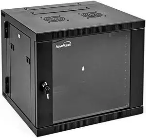 NavePoint 9U Wall-Mount Network Cabinet Enclosure, 550mm Depth, Hinged Back, Swing Gate Server Cabinet, Locks, Pre-Assembled, Reversible Glass Front Door,  2 x L Brackets , 2 Fans, Cable Management